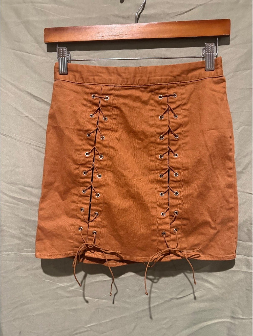 Brown lace up mini skirt